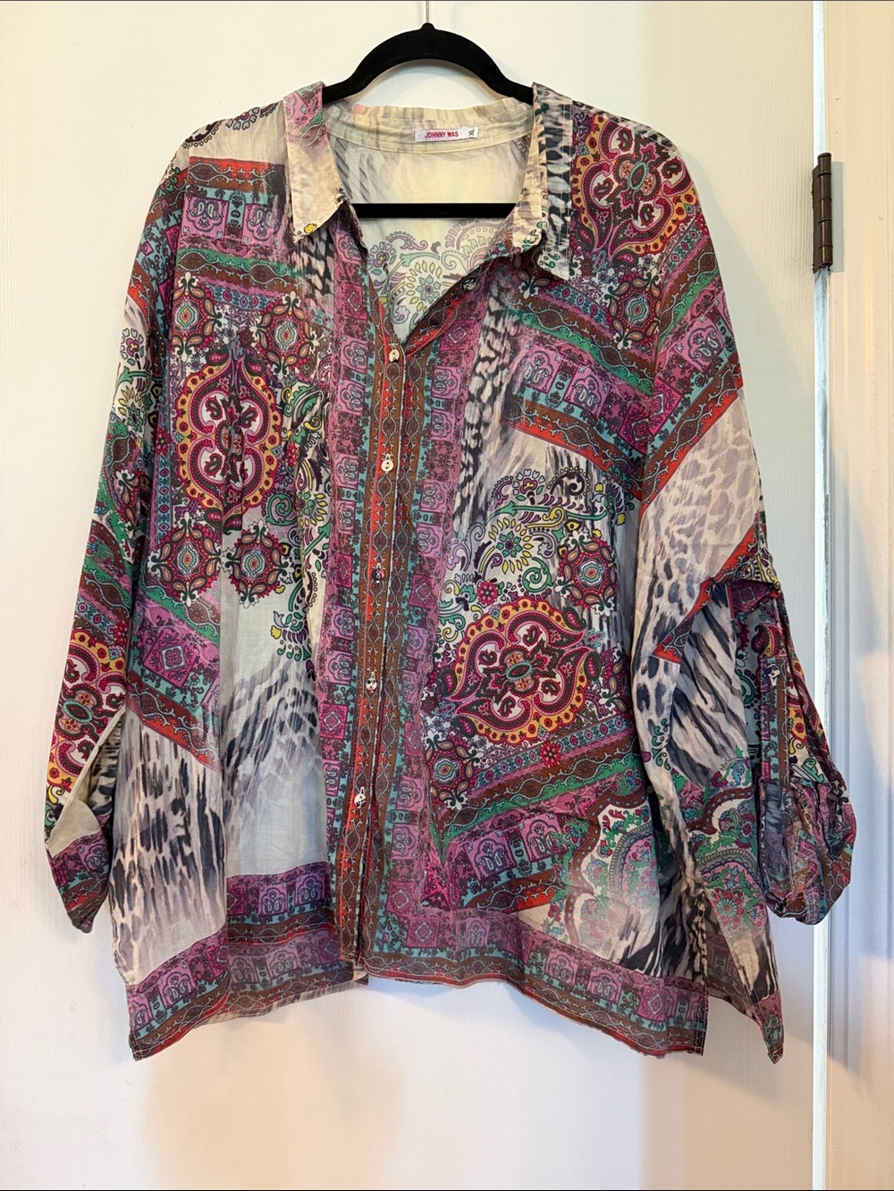 Johnny Was Multicolor Paisley Button-Down Blouse - Pink, Green, Teal